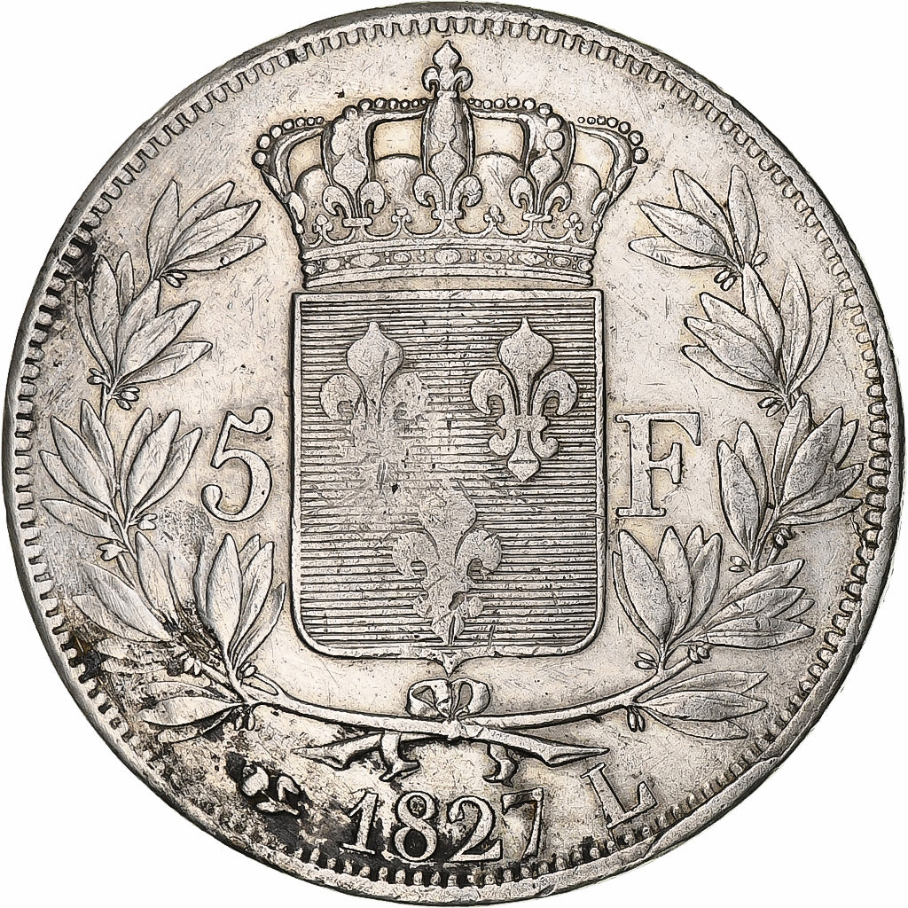 Moneda, Francia, Charles X, 5 Francs, 1827, Bayonne, BC+, Plata, KM:728.8