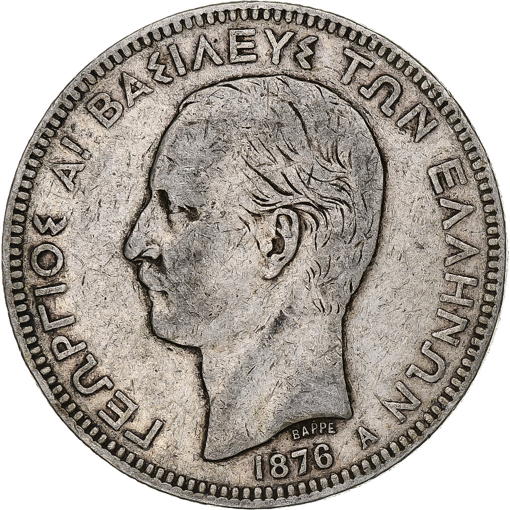 Moeda, Grécia, George I, 5 Drachmai, 1876, Paris, VF(30-35), Prata, KM:46