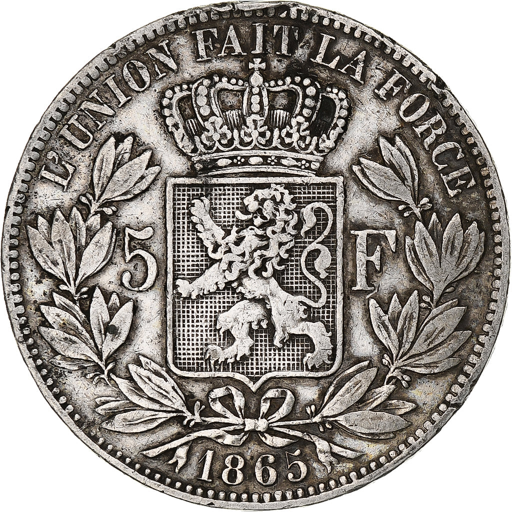 Belgia, Leopold I, 5 Francs, 5 Frank, 1865, Srebro, EF(40-45), KM:17