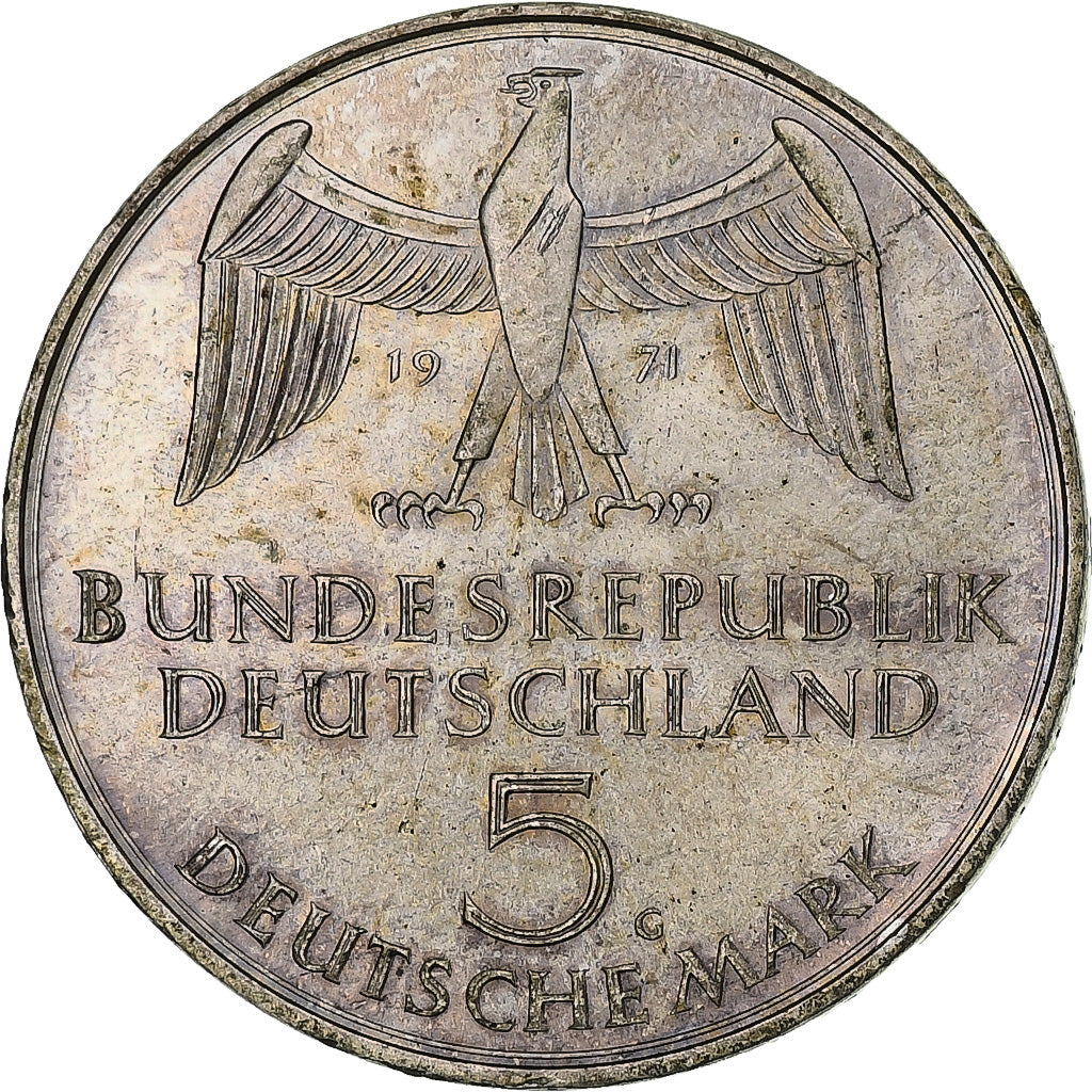 GERMANY - FEDERAL REPUBLIC, 5 Mark, 1971, Karlsruhe, Silver, EF(40-45), KM:128.1