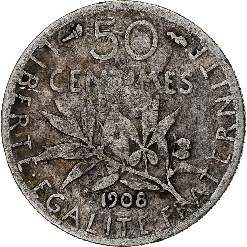 Moneda, Francia, Semeuse, 50 Centimes, 1908, Paris, BC+, Plata, KM:854