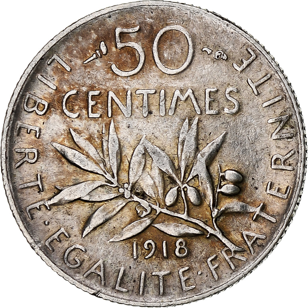 Frankrijk, 50 Centimes, Semeuse, 1918, Paris, Zilver, ZF+, Gadoury:420, KM:854