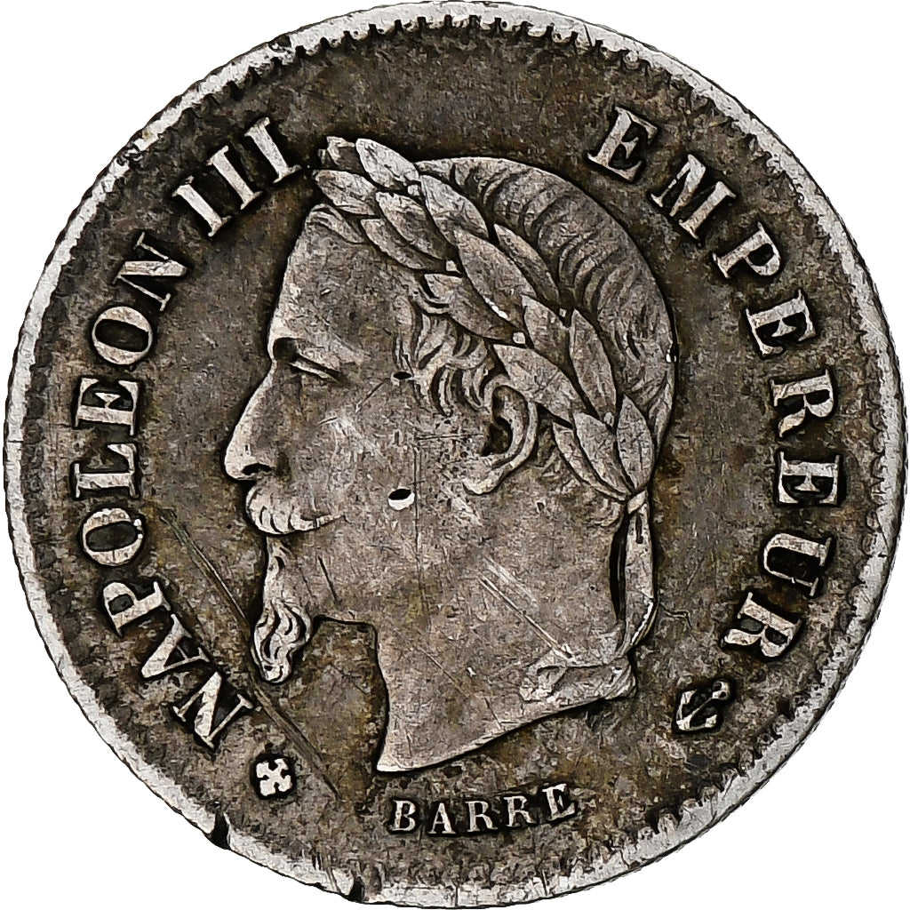 France, Napoleon III, 20 Centimes, Napoléon III, 1867, Strasbourg, Silver