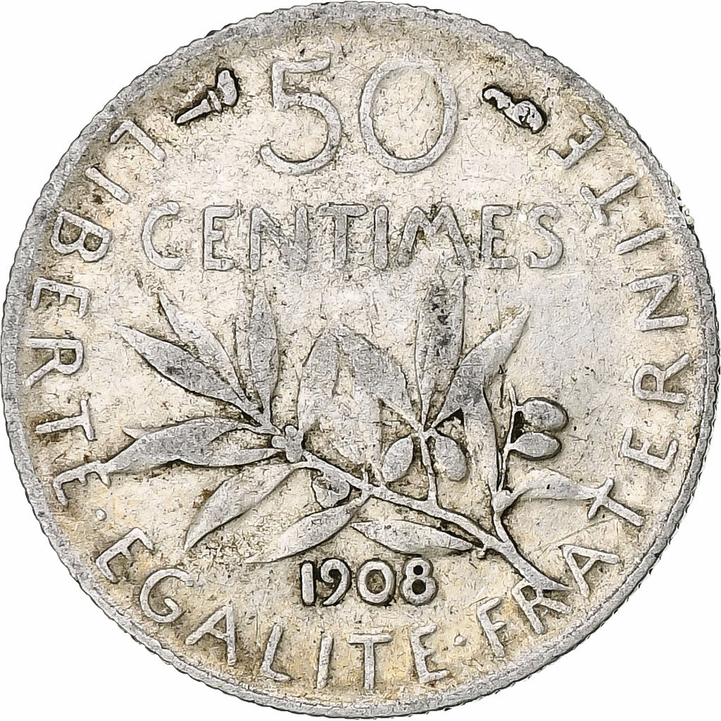 Moneda, Francia, Semeuse, 50 Centimes, 1908, Paris, BC+, Plata, KM:854