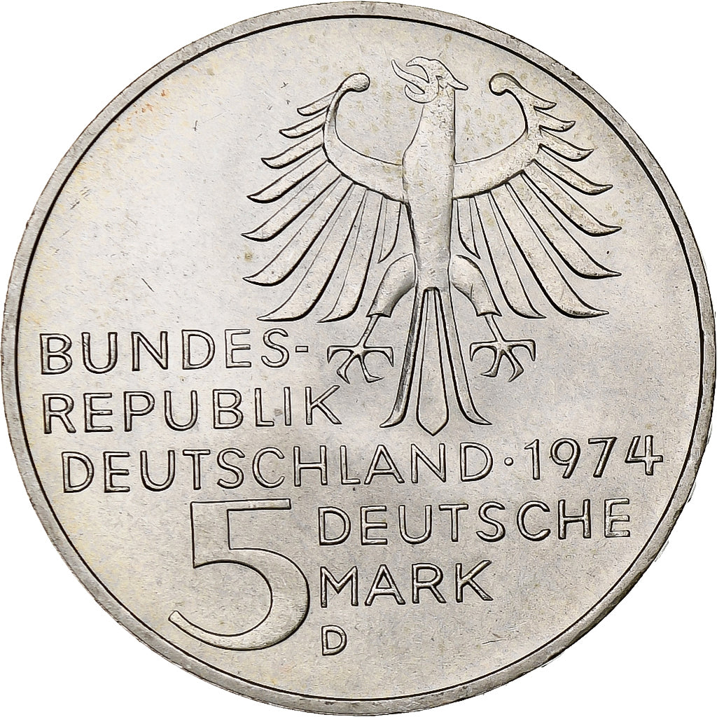 GERMANY - FEDERAL REPUBLIC, 5 Mark, 1974, Munich, Silver, MS(60-62), KM:139