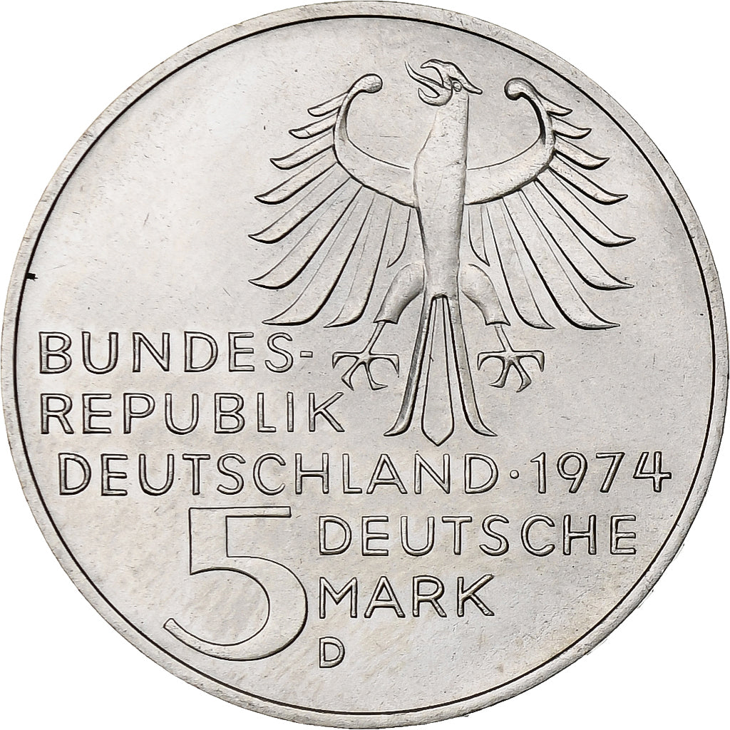 République fédérale allemande, 5 Mark, 1974, Munich, Argent, SUP, KM:139