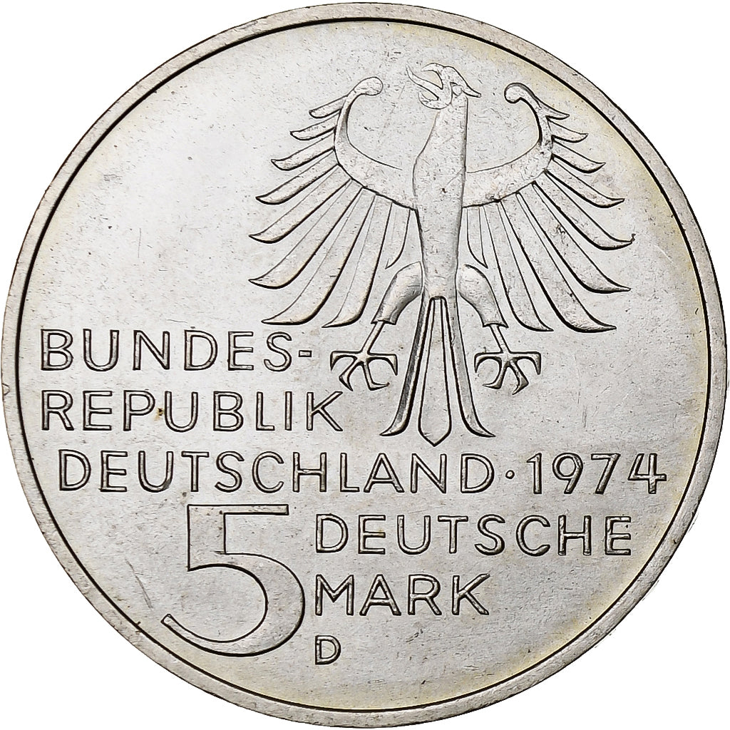 GERMANY - FEDERAL REPUBLIC, 5 Mark, 1974, Munich, Silver, AU(55-58), KM:139