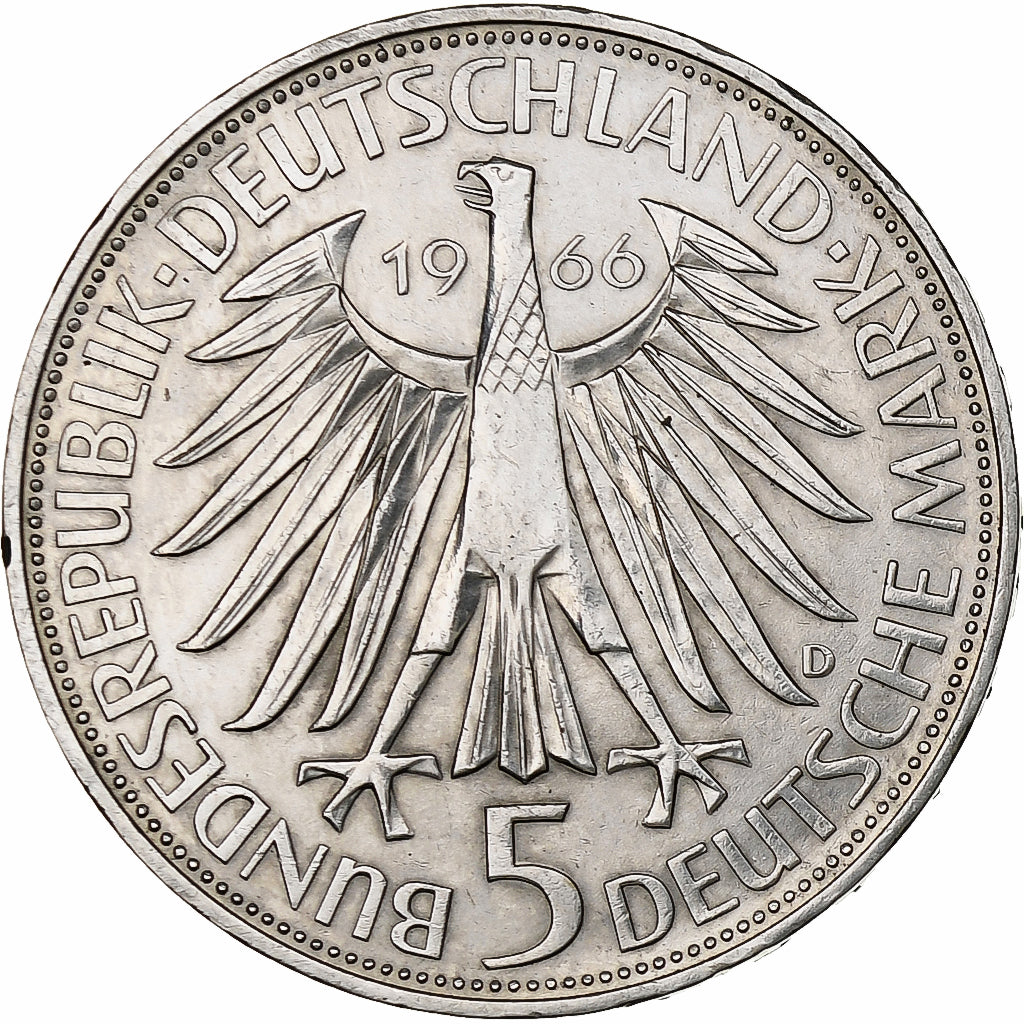 GERMANIA - REPUBBLICA FEDERALE, 5 Mark, 1966, Munich, Argento, BB+, KM:119.1