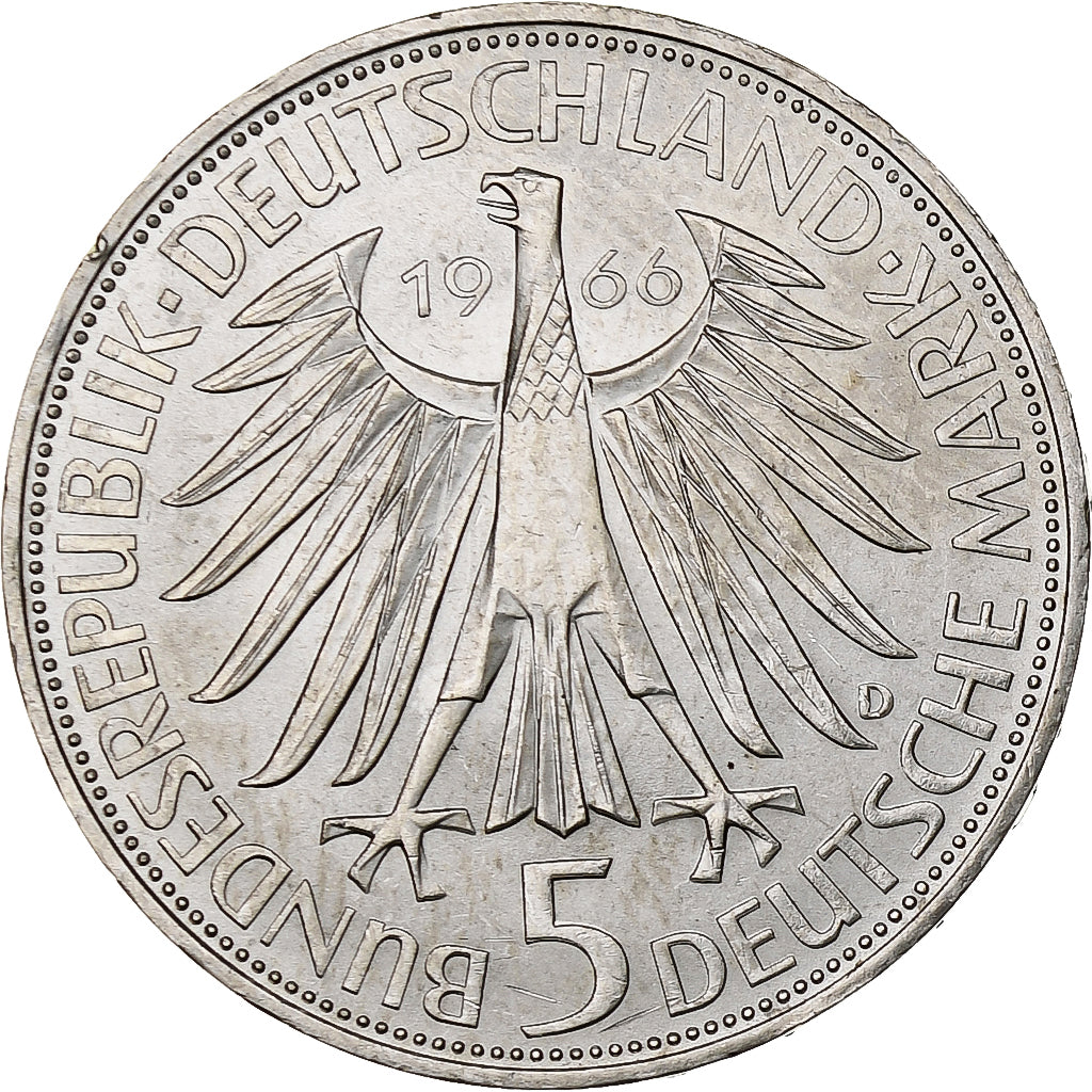 GERMANY - FEDERAL REPUBLIC, 5 Mark, 1966, Munich, Silver, AU(50-53), KM:119.1