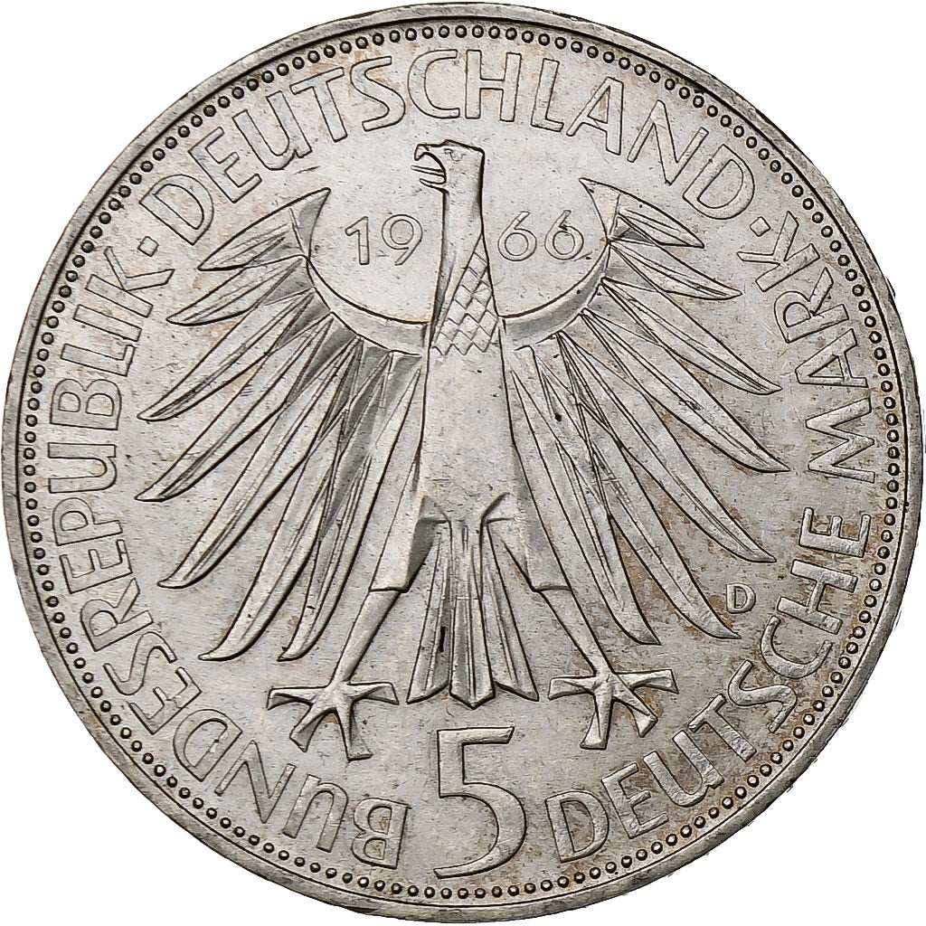 ALEMANIA - REPÚBLICA FEDERAL, 5 Mark, 1966, Munich, Plata, MBC+, KM:119.1