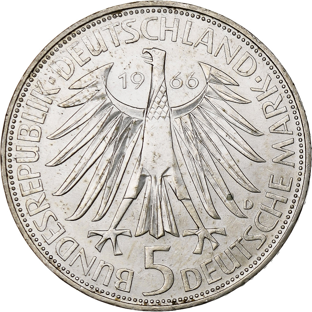 ALEMANIA - REPÚBLICA FEDERAL, 5 Mark, 1966, Munich, Plata, MBC+, KM:119.1