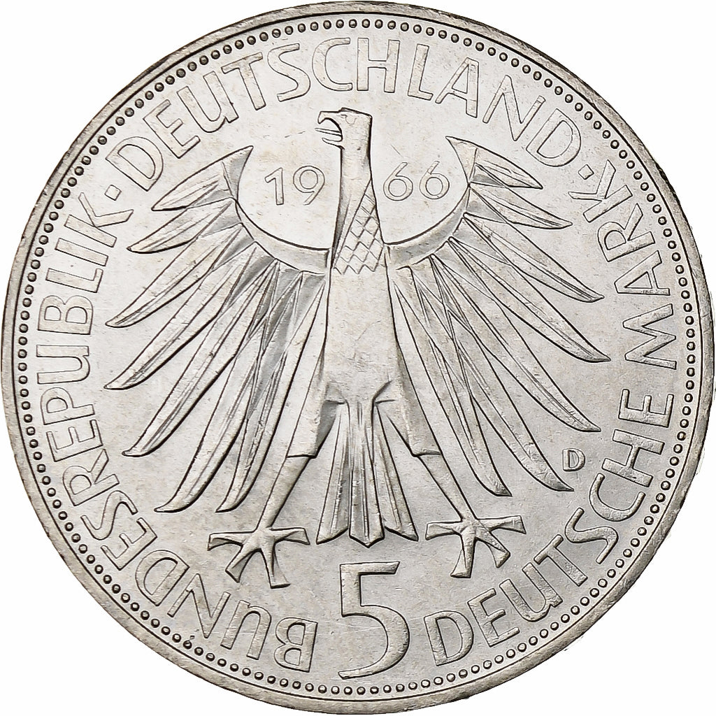 GERMANY - FEDERAL REPUBLIC, 5 Mark, 1966, Munich, Silver, AU(50-53), KM:119.1