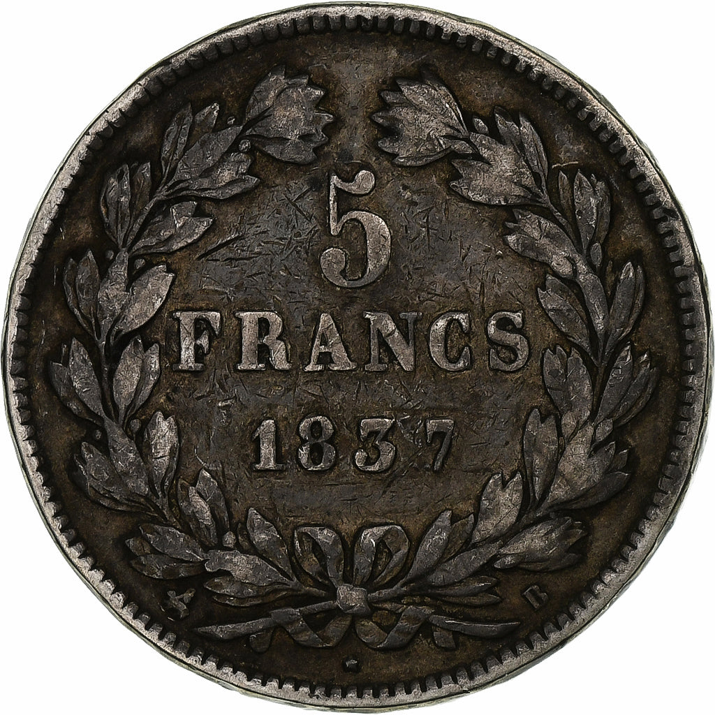 Francja, 5 Francs, Louis-Philippe, 1837, Rouen, Srebro, VF(30-35), Gadoury:678