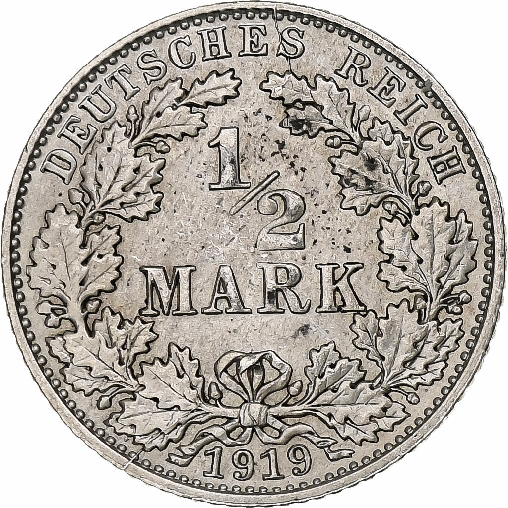 GERMANY - EMPIRE, 1/2 Mark, 1919, Muldenhütten, Silver, AU(50-53), KM:17