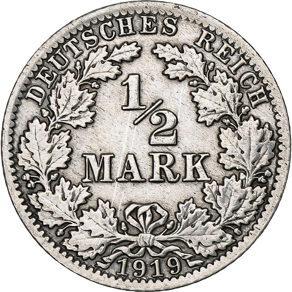 GERMANY - EMPIRE, 1/2 Mark, 1919, Berlin, Silver, EF(40-45), KM:17