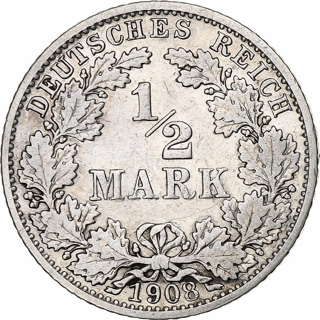 Moneta, GERMANIA - IMPERO, 1/2 Mark, 1908, Karlsruhe, BB, Argento, KM:17
