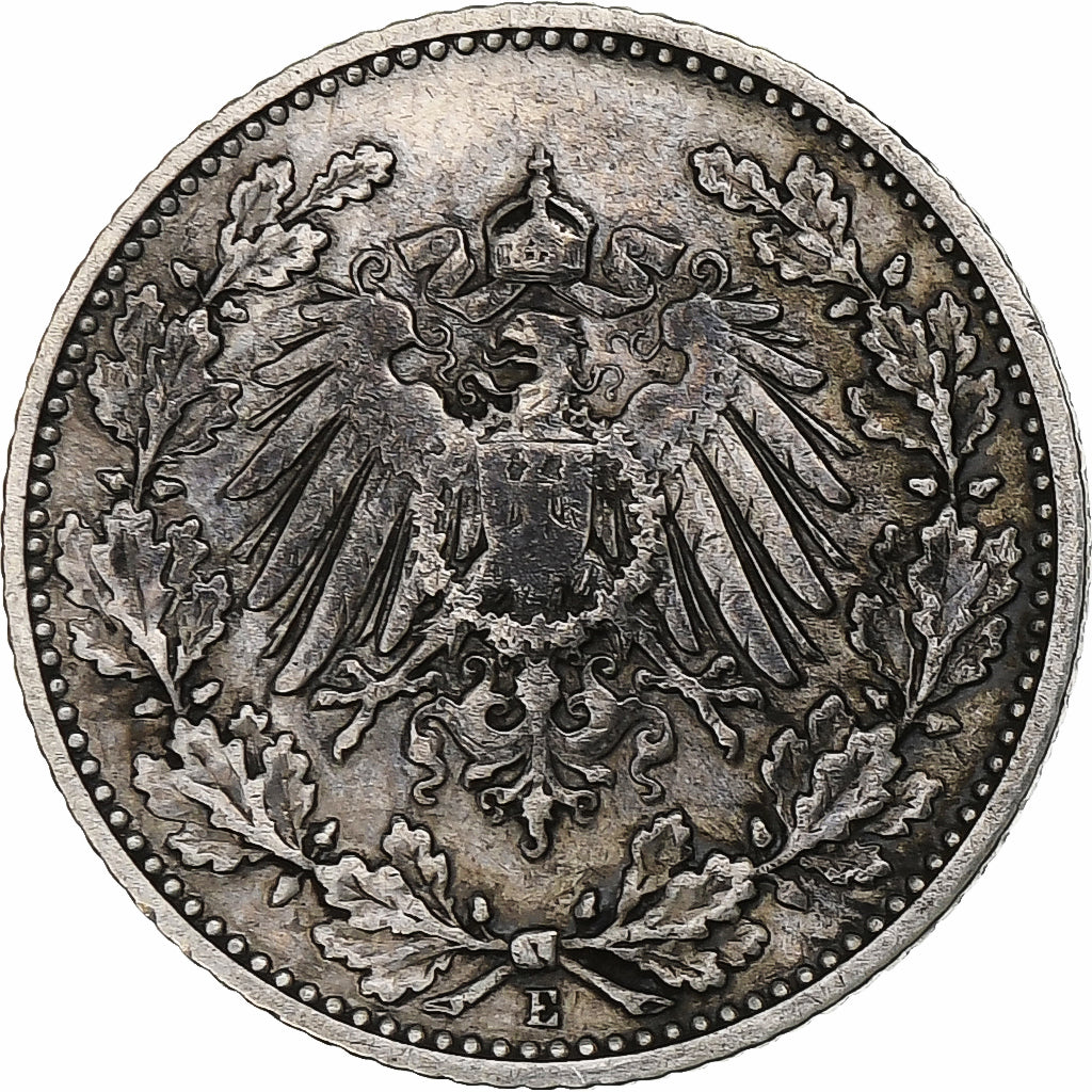 GERMANY - EMPIRE, 1/2 Mark, 1908, Muldenhütten, Silver, AU(50-53), KM:17