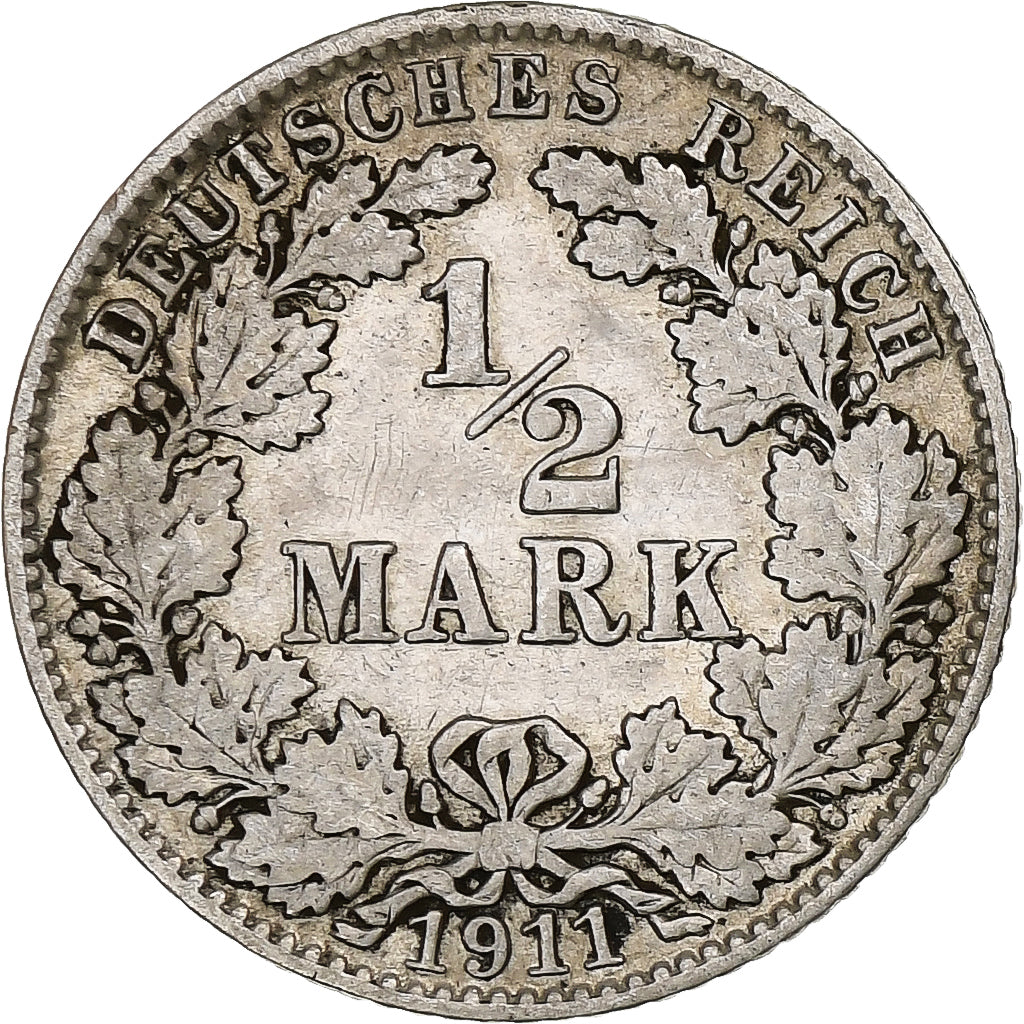 GERMANY - EMPIRE, 1/2 Mark, 1911, Hambourg, Silver, EF(40-45), KM:17