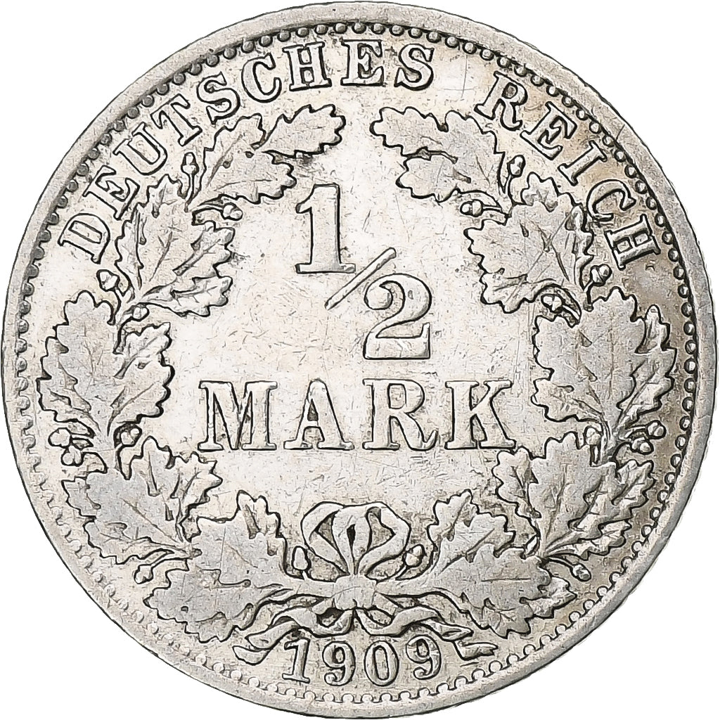 GERMANY - EMPIRE, 1/2 Mark, 1909, Berlin, Silver, EF(40-45), KM:17