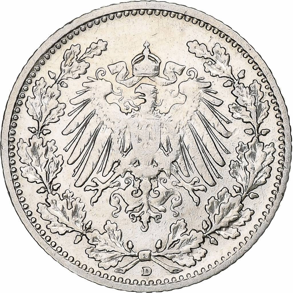 Coin, GERMANY - EMPIRE, 1/2 Mark, 1909, Munich, AU(50-53), Silver, KM:17