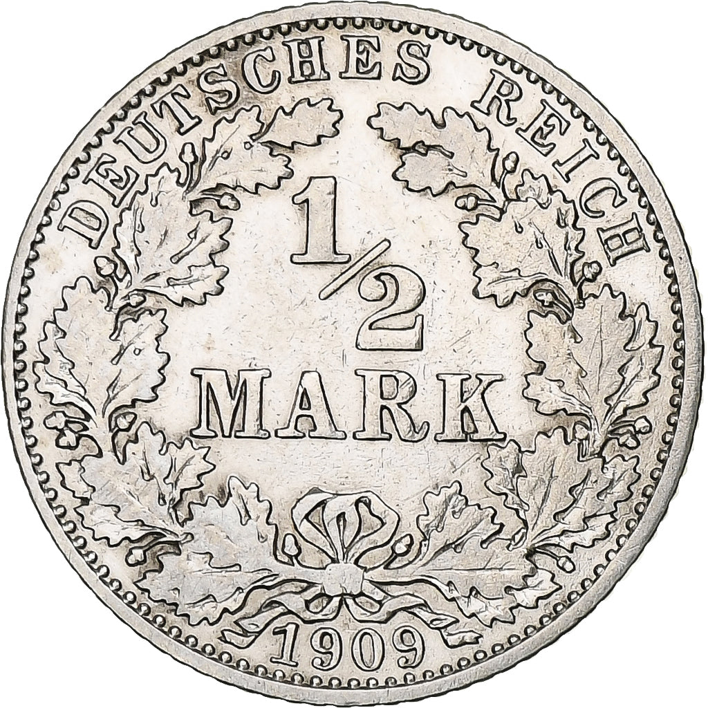 Coin, GERMANY - EMPIRE, 1/2 Mark, 1909, Munich, AU(50-53), Silver, KM:17