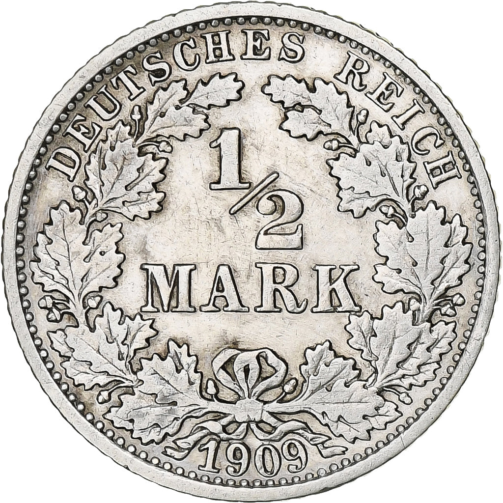 GERMANY - EMPIRE, 1/2 Mark, 1909, Stuttgart, Silver, AU(50-53), KM:17