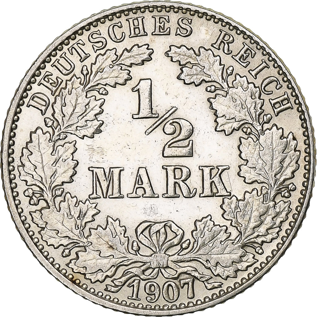 Coin, GERMANY - EMPIRE, 1/2 Mark, 1907, Hambourg, AU(50-53), Silver, KM:17