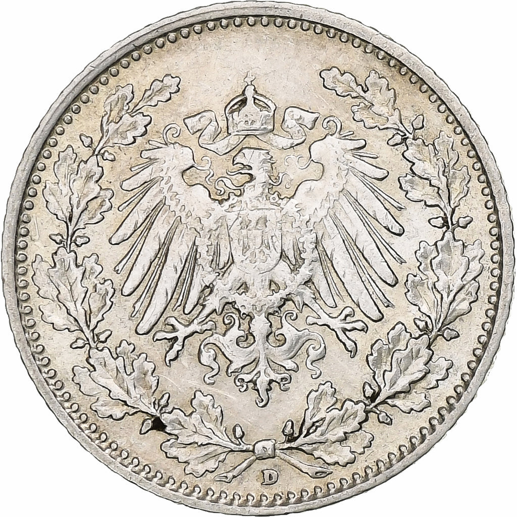 GERMANY - EMPIRE, 1/2 Mark, 1907, Munich, Silver, EF(40-45), KM:17