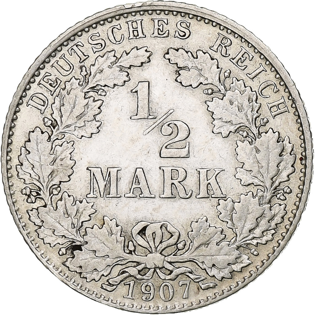 GERMANY - EMPIRE, 1/2 Mark, 1907, Munich, Silver, EF(40-45), KM:17