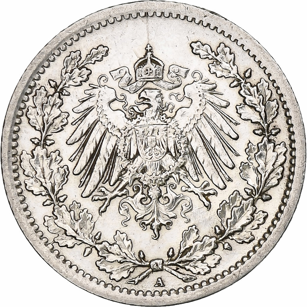 GERMANY - EMPIRE, 1/2 Mark, 1914, Berlin, AU(50-53), Silver, KM:17