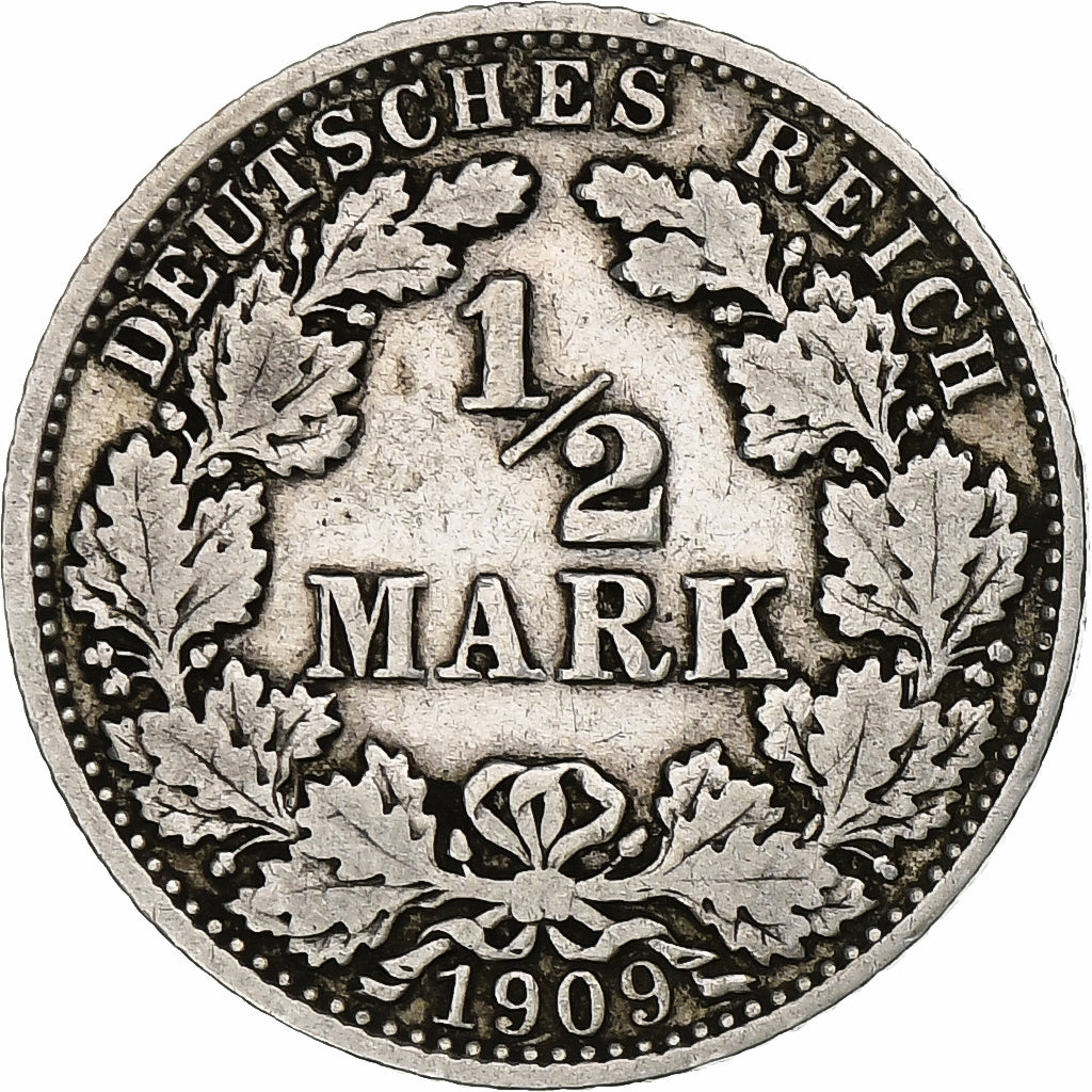 Moneta, GERMANIA - IMPERO, 1/2 Mark, 1909, Hambourg, BB, Argento, KM:17