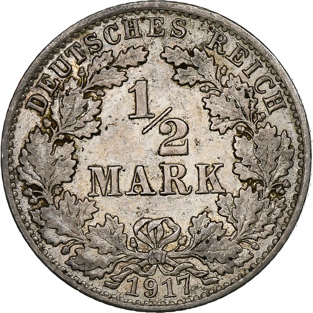 GERMANY - EMPIRE, 1/2 Mark, 1917, Berlin, Silver, EF(40-45), KM:17