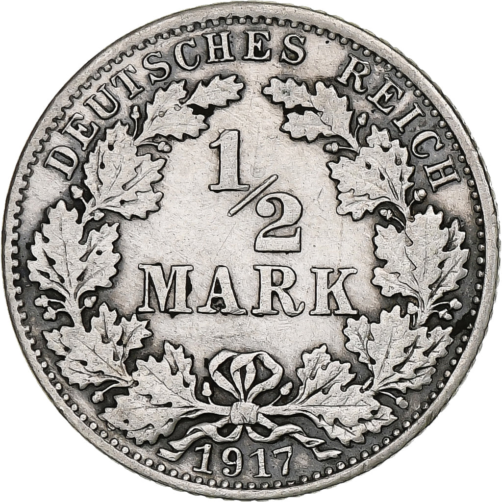 GERMANY - EMPIRE, 1/2 Mark, 1917, Hambourg, Silver, EF(40-45), KM:17