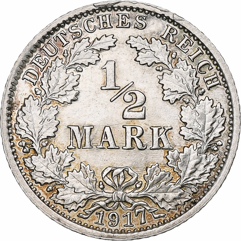 GERMANY - EMPIRE, 1/2 Mark, 1917, Karlsruhe, Silver, MS(60-62), KM:17