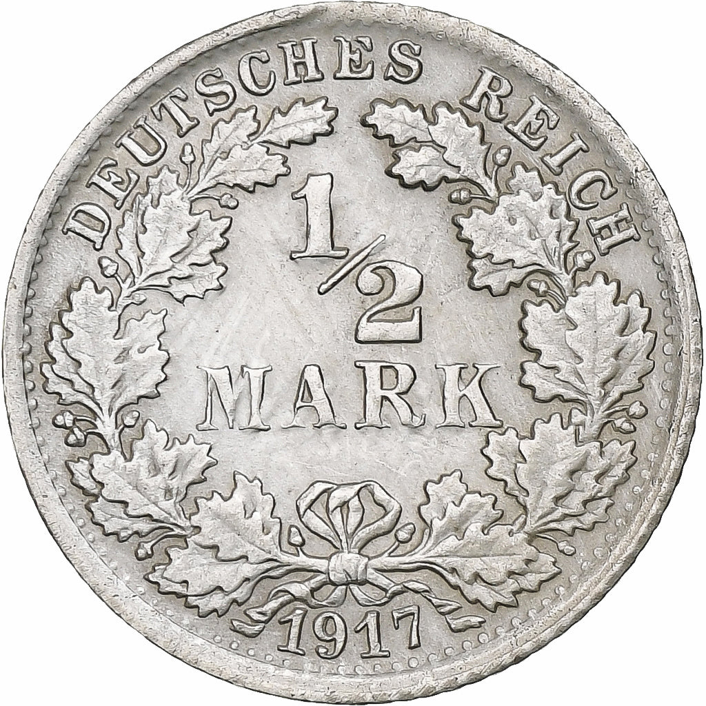 GERMANY - EMPIRE, 1/2 Mark, 1917, Stuttgart, Silber, SS, KM:17