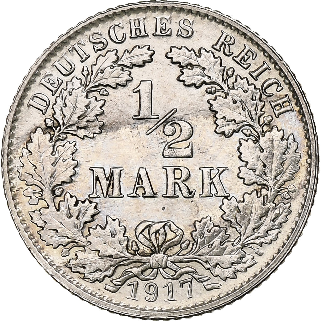 GERMANY - EMPIRE, 1/2 Mark, 1917, Muldenhütten, Silver, AU(55-58), KM:17
