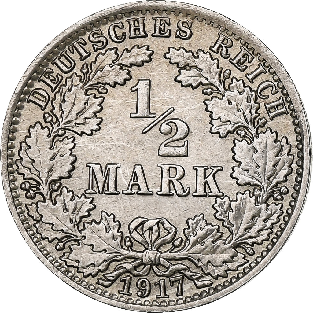 GERMANY - EMPIRE, 1/2 Mark, 1917, Berlin, AU(50-53), Silver, KM:17