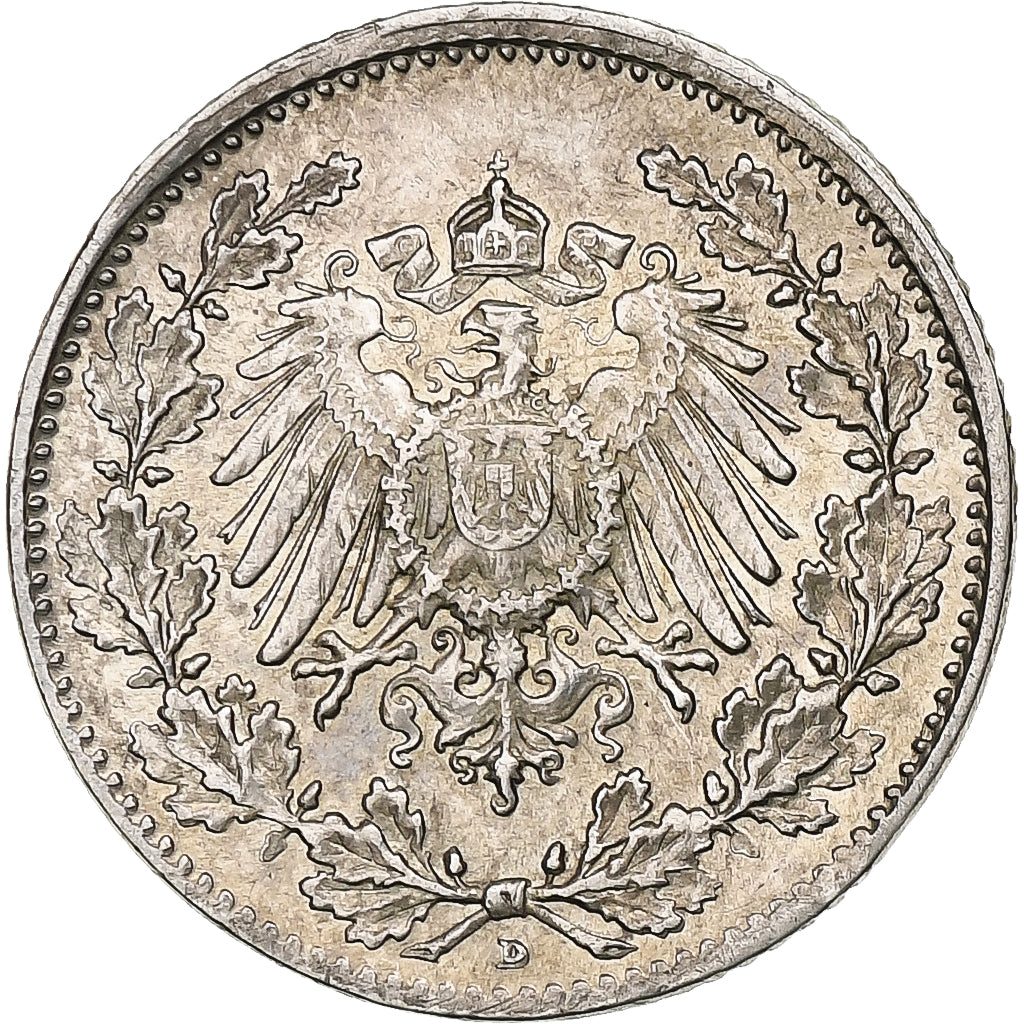 GERMANY - EMPIRE, 1/2 Mark, 1905, Munich, Silver, AU(55-58), KM:17