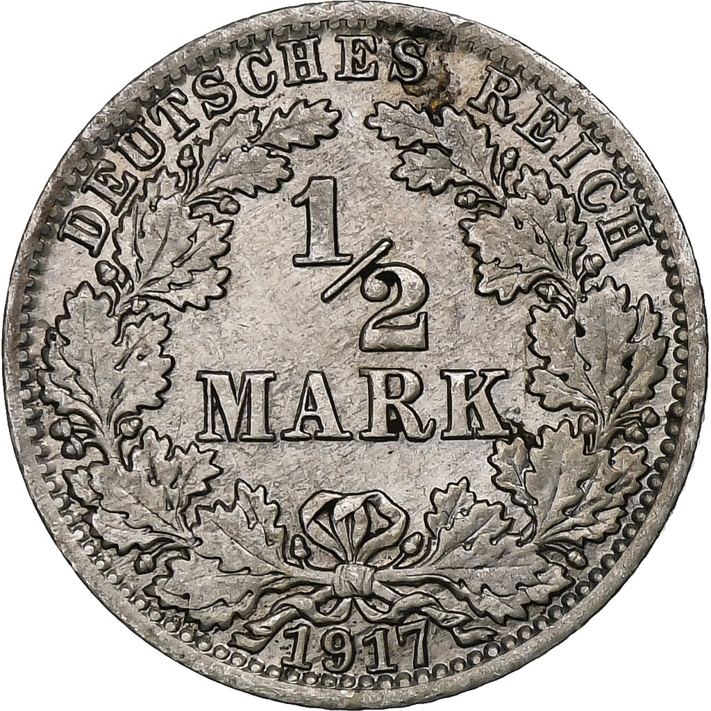 GERMANY - EMPIRE, 1/2 Mark, 1917, Berlin, Silver, EF(40-45), KM:17