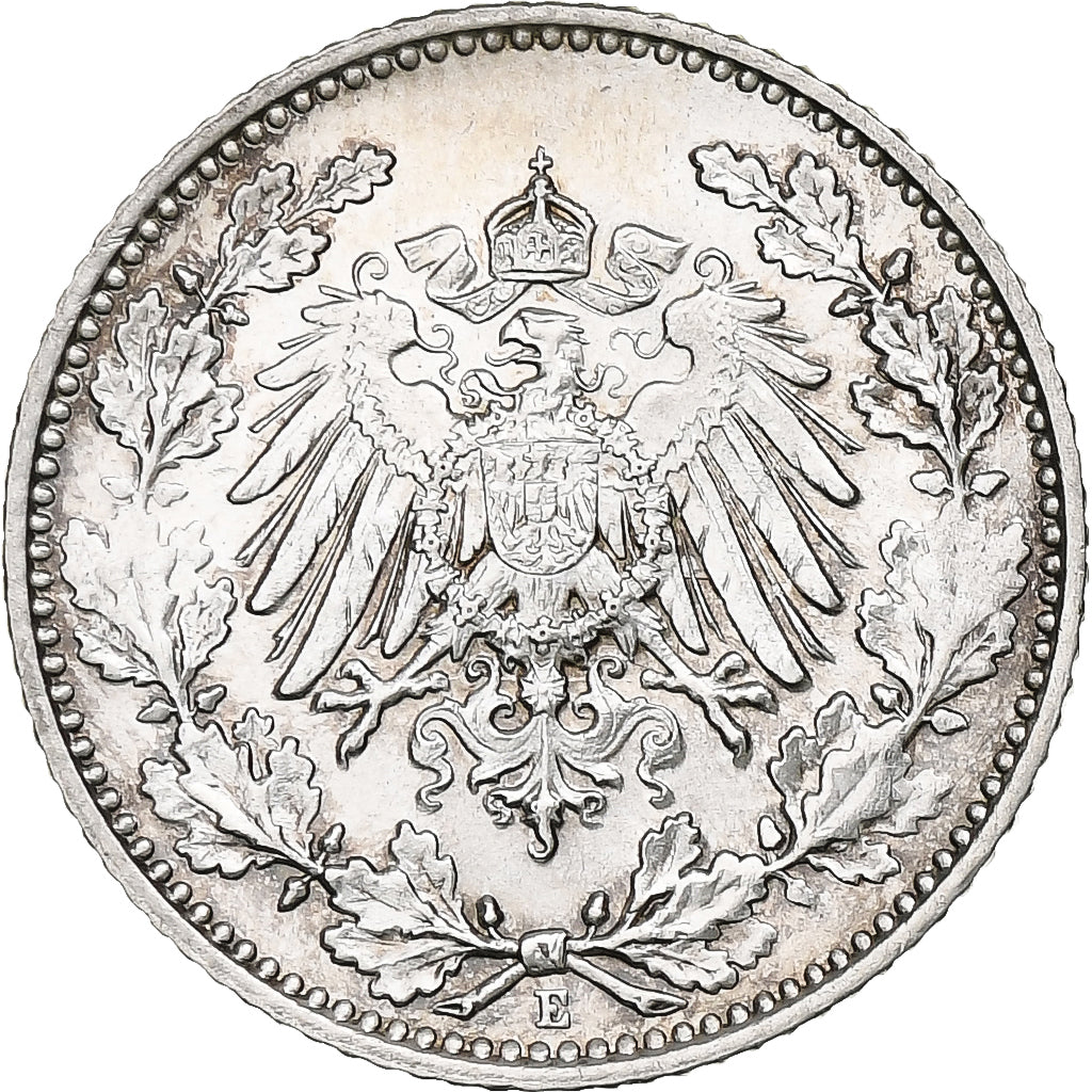 NIEMCY - IMPERIUM, 1/2 Mark, 1916, Muldenhütten, Srebro, MS(60-62), KM:17