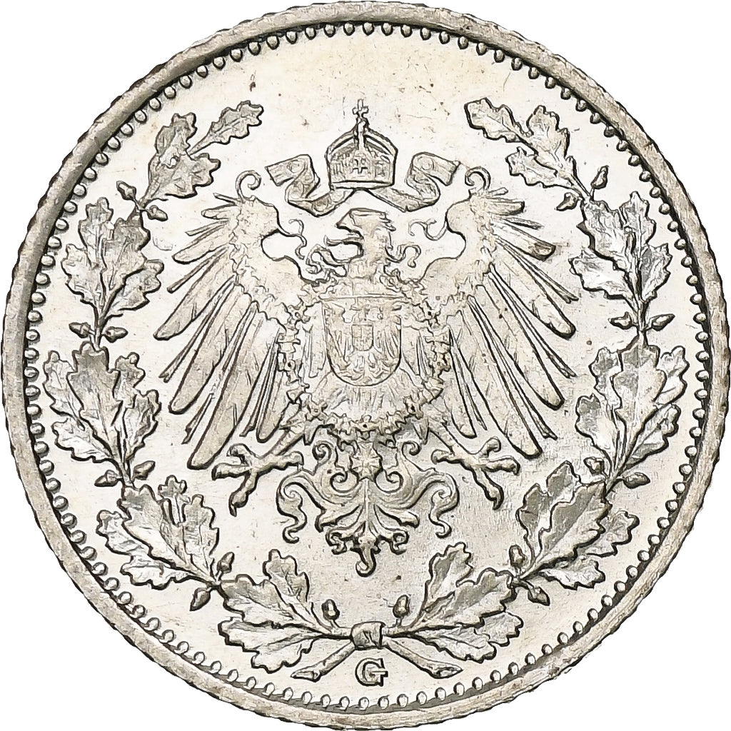 GERMANY - EMPIRE, 1/2 Mark, 1916, Karlsruhe, Silver, MS(60-62), KM:17