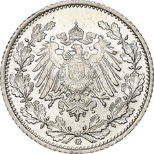 GERMANY - EMPIRE, 1/2 Mark, 1916, Karlsruhe, Silver, MS(60-62), KM:17