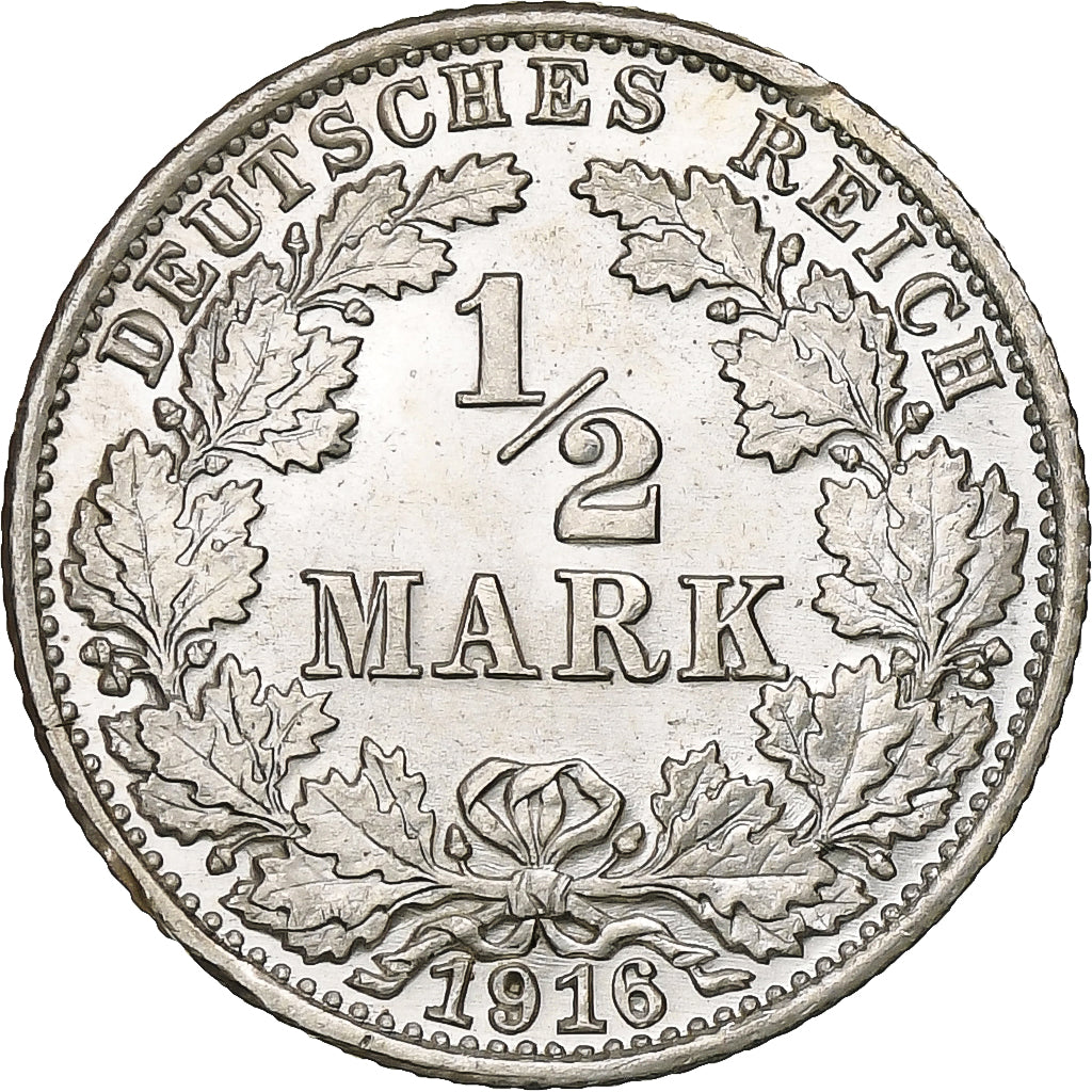 GERMANY - EMPIRE, 1/2 Mark, 1916, Karlsruhe, Silver, MS(60-62), KM:17
