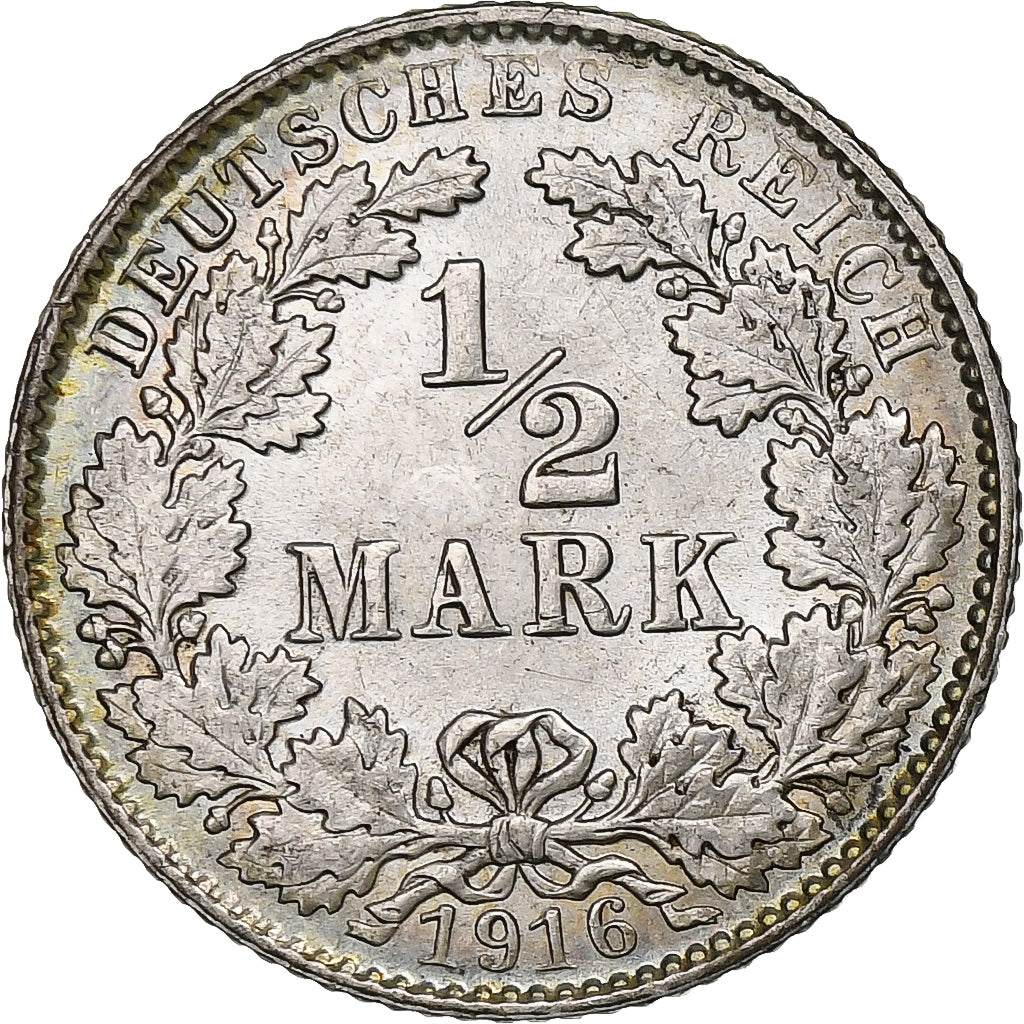 GERMANY - EMPIRE, 1/2 Mark, 1916, Muldenhütten, Silver, AU(55-58), KM:17