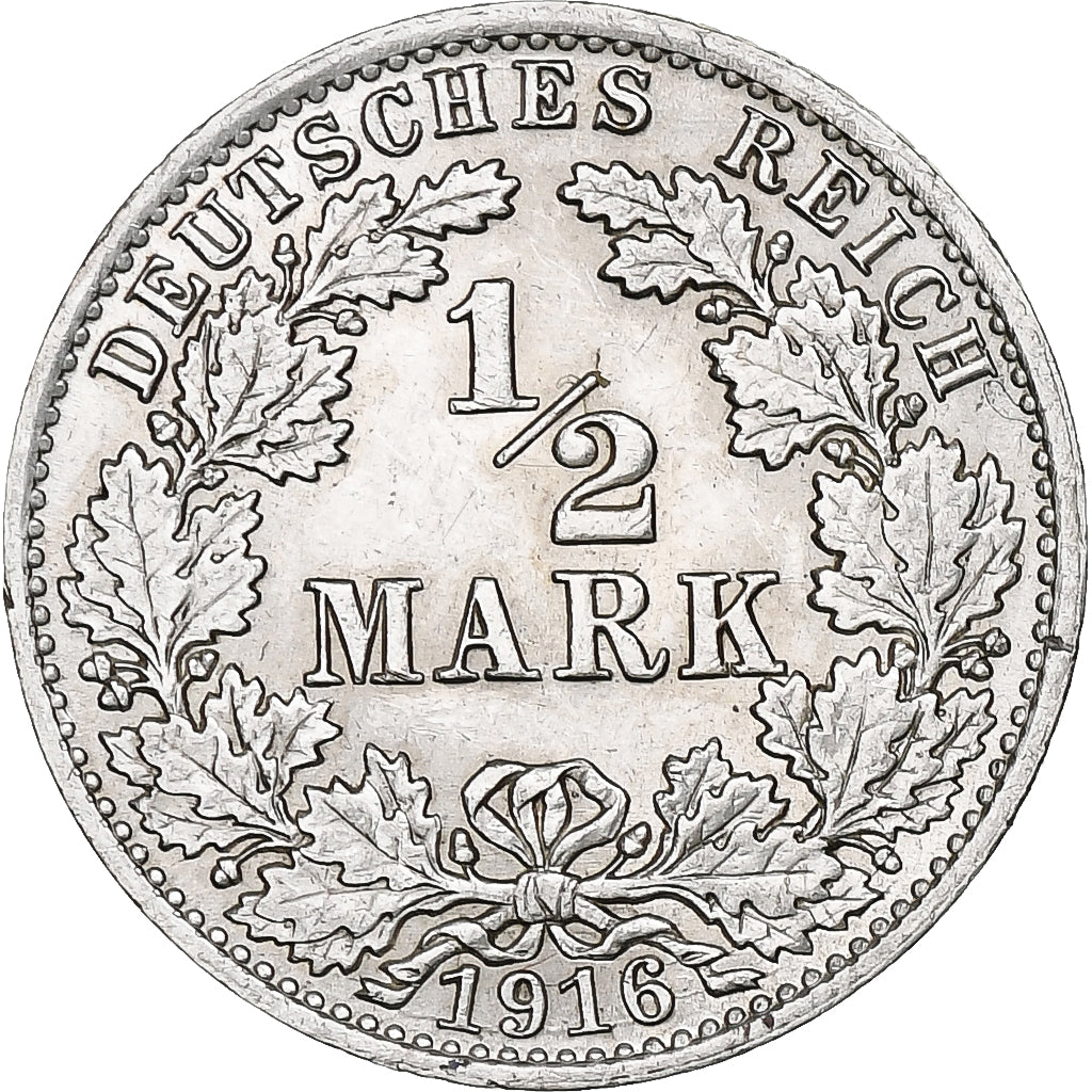 GERMANY - EMPIRE, 1/2 Mark, 1916, Berlin, AU(55-58), Silver, KM:17