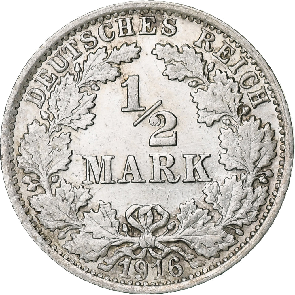 GERMANY - EMPIRE, 1/2 Mark, 1916, Stuttgart, Silver, MS(60-62), KM:17