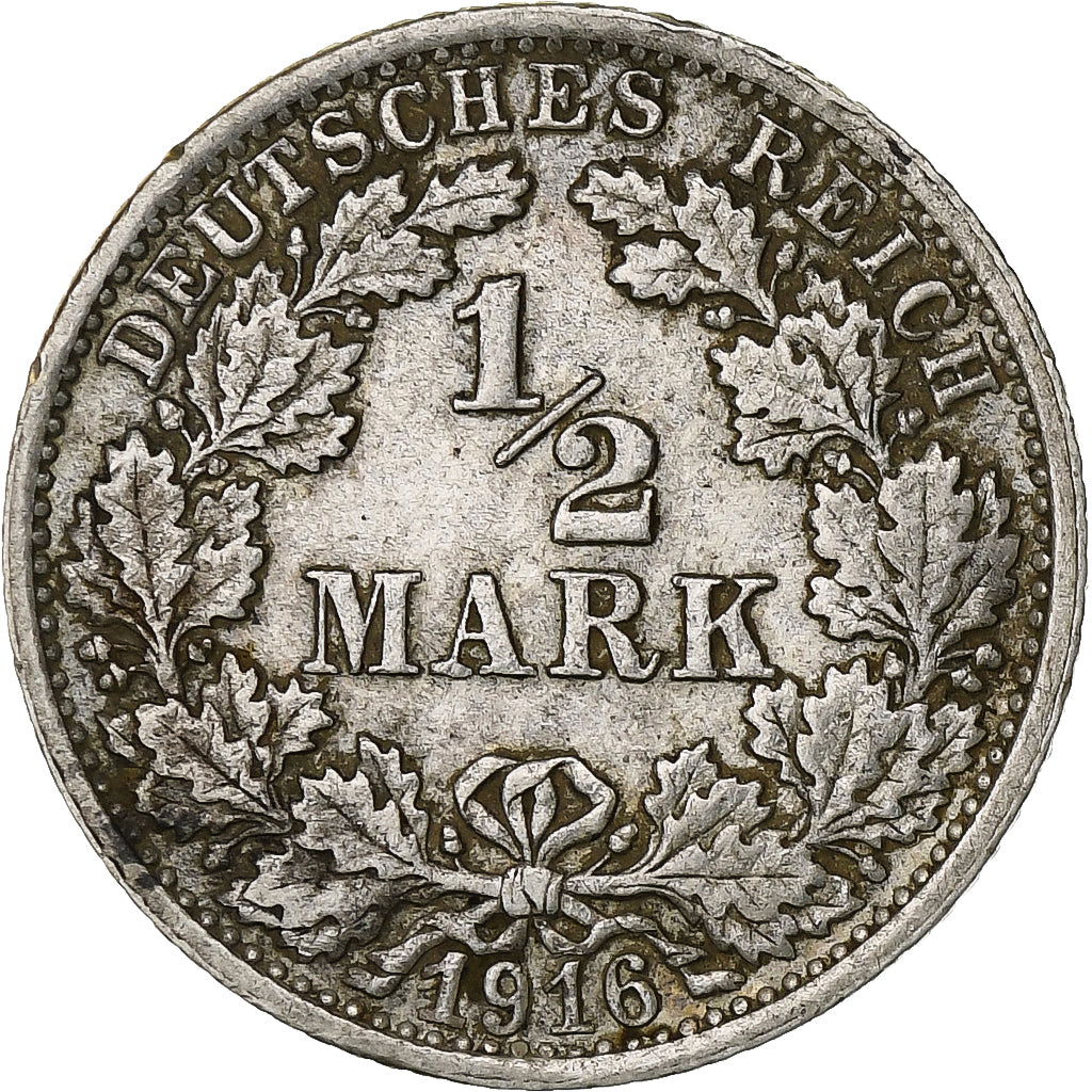 GERMANY - EMPIRE, 1/2 Mark, 1916, Stuttgart, Silver, EF(40-45), KM:17