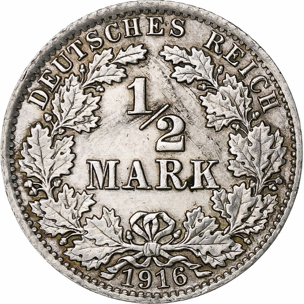 GERMANY - EMPIRE, 1/2 Mark, 1916, Berlin, Silver, AU(55-58), KM:17