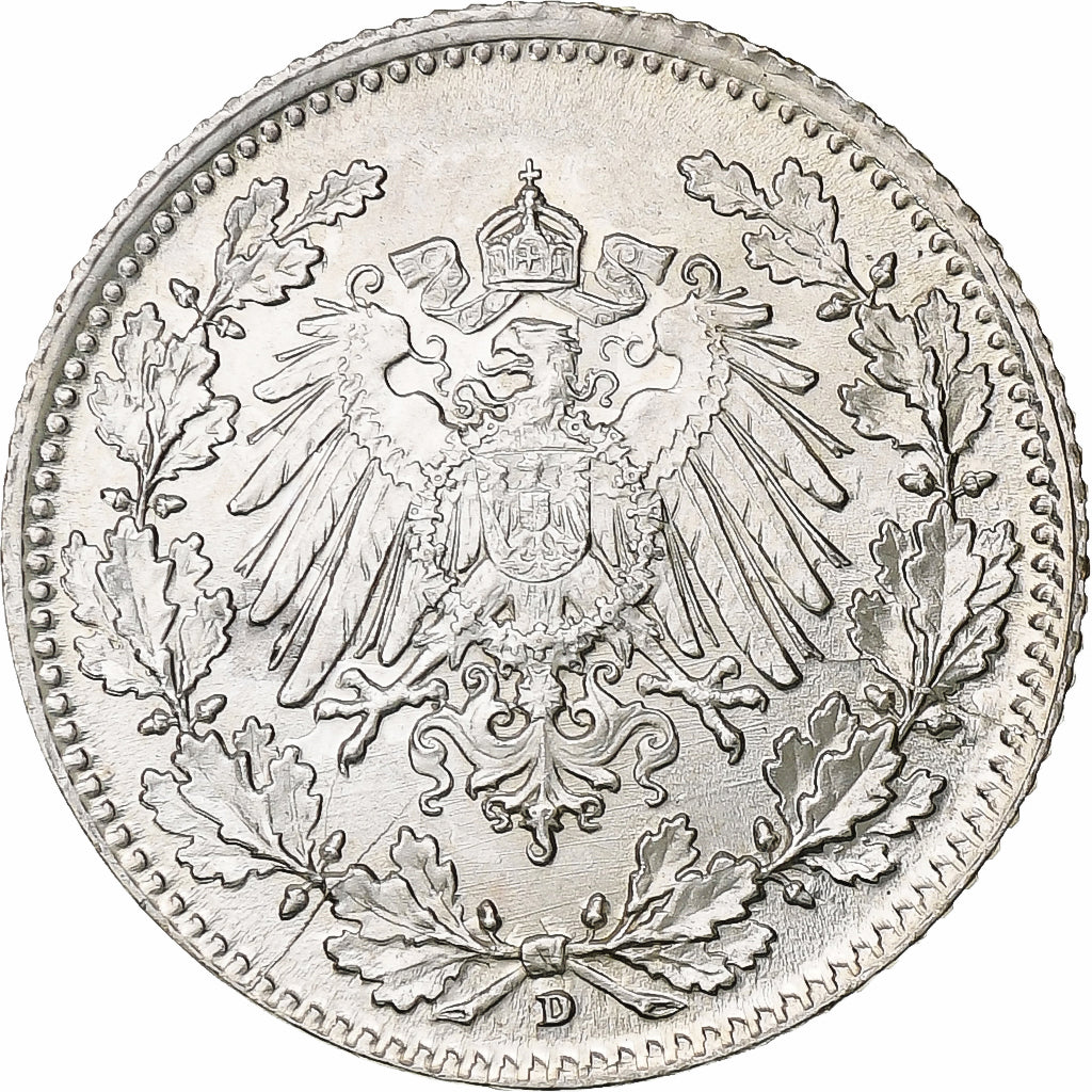 GERMANY - EMPIRE, 1/2 Mark, 1918, Munich, Silver, AU(55-58), KM:17