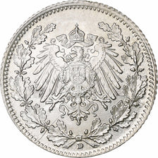 GERMANY - EMPIRE, 1/2 Mark, 1918, Munich, Silver, AU(55-58), KM:17